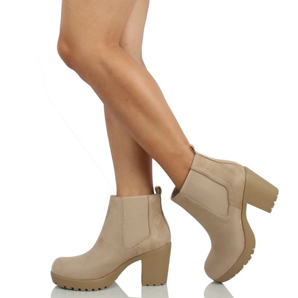 Light Wheat Faux Suede Chelsea Round Toe Lug Ankle Bootie - Picture 6 of 6